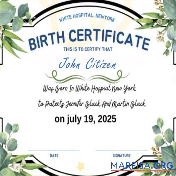 Realistic New York White hospital certificate of birth example